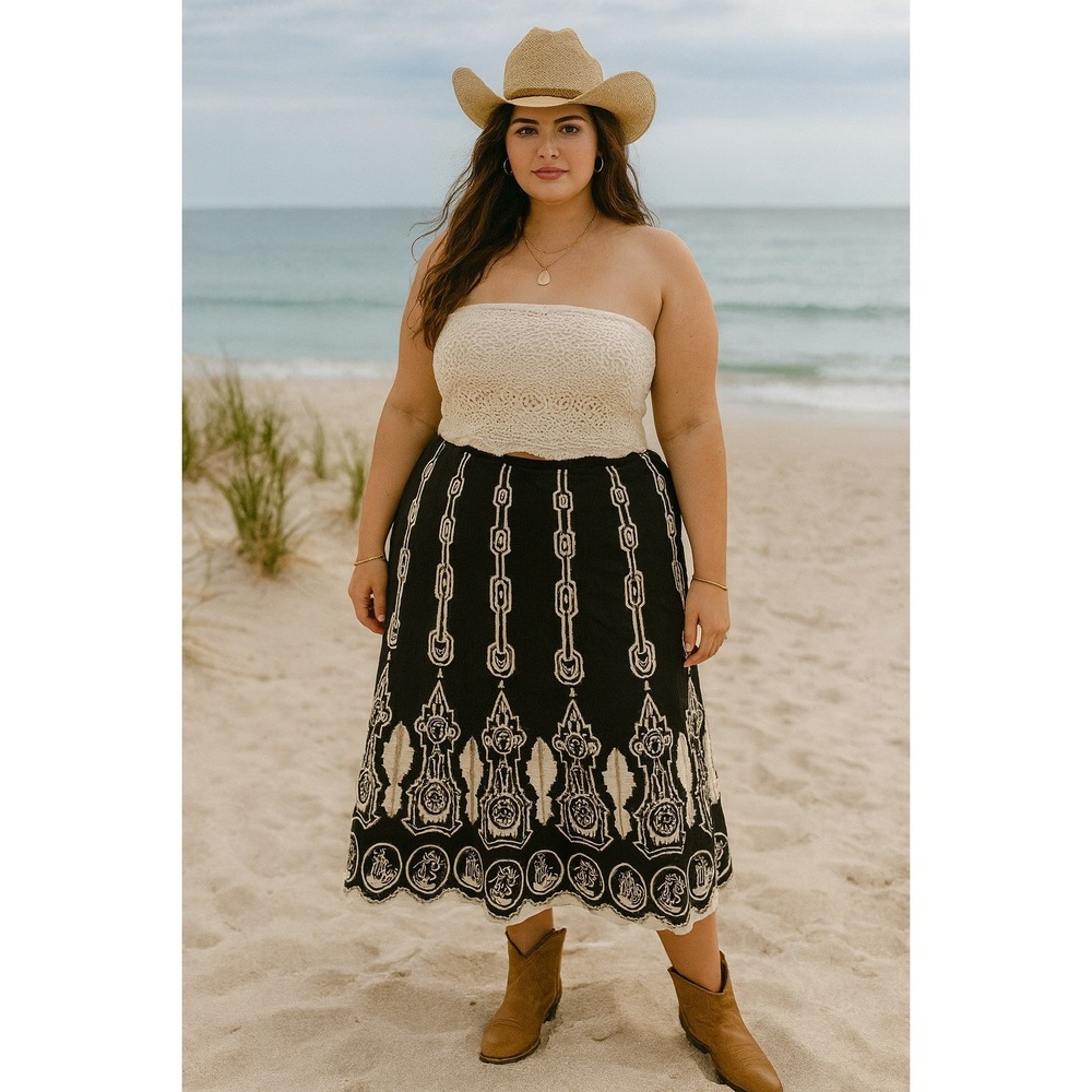 Coast Cowgirl 22W Boho Black Ivory‎ Sequins Tribal Midi Skirt Whimsy Summer Glam